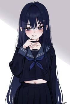 1girl black_choker black_serafuku black_shirt black_skirt blue_eyes blue_hair blue_neckerchief choker closed_mouth cowboy_shot crop_top crop_top_overhang finger_to_mouth grey_sailor_collar hair_ornament hairclip hand_up high-waist_skirt highres long_hair long_sleeves looking_at_viewer madan_(kkh8936) midriff navel neckerchief original pleated_skirt sailor_collar school_uniform serafuku shirt simple_background skirt smile solo very_long_hair white_background