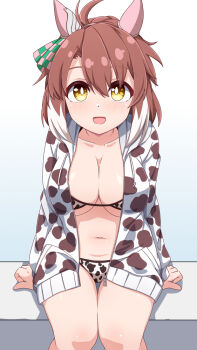 1girl ahoge alternate_costume animal_ears animal_print bikini blush breasts brown_eyes brown_hair cleavage collarbone commentary_request cow_print cow_print_bikini dantsu_flame_(umamusume) hair_between_eyes hair_ornament hiro_(pqtks113) hood hooded_jacket horse_ears horse_girl jacket jacket_over_swimsuit large_breasts looking_at_viewer medium_breasts navel open_mouth print_bikini sitting swimsuit umamusume white_background