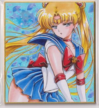 1girl bishoujo_senshi_sailor_moon blonde_hair blue_eyes blue_sailor_collar chikoto_(kztc4472) choker circlet collarbone crescent crescent_earrings double_bun earrings elbow_gloves flower_earrings gloves hair_bun hair_ornament half-closed_eyes highres jewelry long_hair looking_at_viewer magical_girl open_mouth red_choker sailor_collar sailor_moon sailor_senshi_uniform skirt smile solo thigh_peek traditional_media tsukino_usagi twintails white_gloves