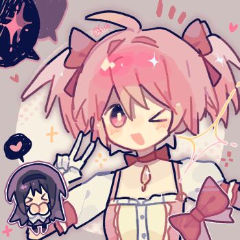 &gt;_&lt; &gt;_o 2girls ahoge akemi_homura artist_name black_boots black_hair black_hairband boots border bow bow_choker bright_pupils buttons center_frills chest_jewel chibi choker dress excited frilled_dress frilled_sleeves frills gem gloves grey_border hair_between_eyes hair_bow hairband halftone halftone_background hands_on_own_chin happy heart kaname_madoka light_blush long_hair magical_girl mahou_shoujo_madoka_magica mahou_shoujo_madoka_magica_(anime) miniskirt multiple_girls notice_lines one_eye_closed open_mouth outside_border own_hands_together pink_bow pink_dress pink_eyes pink_gemstone pink_hair puffy_short_sleeves puffy_sleeves purple_skirt red_bow red_choker round_border short_dress short_hair short_sleeves short_twintails skirt skirt_under_dress smile sparkle speech_bubble spoken_heart spoken_sparkle square_neckline tareme thigh_boots twintails upper_body v very_long_hair white_background white_dress white_gloves white_pupils white_sleeves xianyu_fish