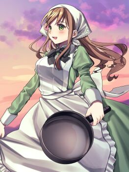 1girl :d apron axis_powers_hetalia black_bow black_bowtie blush bow bowtie breasts brown_hair cloud collared_dress commentary contrast_collar cowboy_shot dress dusk floating_hair flower frilled_apron frills frying_pan green_dress green_eyes hair_flower hair_ornament headscarf highres holding holding_frying_pan hungary_(hetalia) juliet_sleeves large_breasts long_dress long_hair long_sleeves looking_at_viewer looking_to_the_side mozyamozya_7112 open_mouth orange_sky outdoors pink_flower puffy_sleeves sidelocks sky sleeve_cuffs smile solo standing white_apron white_headscarf
