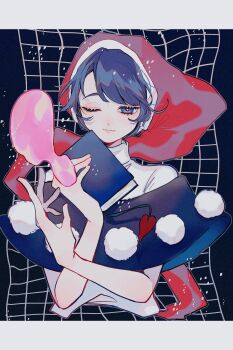 1girl ;) absurdres blob blue_eyes blue_hair book capelet cropped_torso dark_blue_hair doremy_sweet eyebrows_hidden_by_hair hat highres holding holding_book katai_(nekoneko0720) light_blush looking_at_viewer nightcap one_eye_closed pom_pom_(clothes) short_hair smile solo touhou upper_body