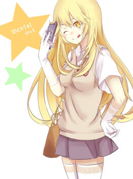 1girl ;) ;q alternate_breast_size_(smaller) bag blonde_hair breasts bright_pupils brown_sweater brown_sweater_vest brown_vest chain closed_mouth collared_shirt commentary controller cowboy_shot elbow_gloves emblem gloves gold_chain grey_skirt hair_between_eyes hand_on_own_hip hand_up handbag head_tilt highres holding holding_remote_control light_blush long_hair looking_at_viewer medium_breasts miniskirt multicolored_eyes negiko123123 one_eye_closed orange_eyes pleated_skirt remote_control school_emblem school_uniform shirt shokuhou_misaki short_sleeves sidelocks simple_background skirt sleeveless sleeveless_sweater smile solo spider_web_print standing star-shaped_pupils star_(symbol) summer_uniform sweater sweater_vest symbol-shaped_pupils thighhighs toaru_majutsu_no_index tokiwadai_school_uniform tongue tongue_out two-tone_eyes v-neck vest white_background white_gloves white_shirt white_thighhighs yellow_eyes yellow_pupils zettai_ryouiki