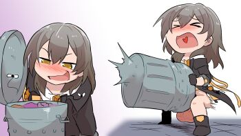 &gt;_&lt; 1futa black_footwear black_gloves black_jacket blush boots breeding_mount chibi futanari futanari_masturbation gloves grey_hair heart heart_in_mouth highres honkai:_star_rail honkai_(series) huge_testicles jacket long_hair masturbation open_mouth standing stelle_(honkai:_star_rail) testicles trailblazer_(honkai:_star_rail) trash_can trashcan_lid ukaya_masaru what yellow_eyes