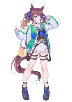 1girl animal_ears bag black_choker black_shirt blue_bow blue_eyes blue_neckerchief blue_sailor_collar blush bow breasts brown_hair camellia_(camel_mal) choker collarbone commentary_request ear_bow ear_ornament full_body green_jacket hair_bow highres horse_ears horse_girl horse_tail jacket long_hair long_sleeves medium_breasts multicolored_nails neckerchief open_clothes open_jacket parted_lips sailor_collar shirt shoes shopping_bag simple_background skirt socks solo tail thigh_strap tosen_jordan_(umamusume) twintails umamusume v white_background white_skirt white_socks