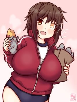 1girl artist_logo bag black_buruma breasts brown_eyes brown_hair buruma dated food furutaka_(kancolle) glowing glowing_eye gradient_background gym_shirt gym_uniform heterochromia jacket kanon_(kurogane_knights) kantai_collection large_breasts logo looking_at_viewer orange_eyes panties panties_under_buruma paper_bag pink_background red_jacket roasted_sweet_potato shirt short_hair smile solo sweet_potato t-shirt track_jacket underwear white_shirt