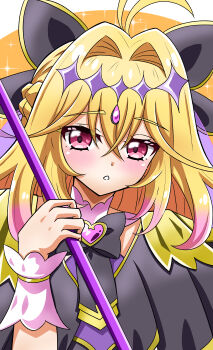 1girl absurdres antenna_hair black_bow black_capelet blonde_hair blush bow brooch capelet commentary crossed_bangs cure_arcana_shadow dot_nose gradient_hair hair_between_eyes hair_intakes heart heart_brooch heart_in_eye highres holding holding_staff jewelry long_hair looking_at_viewer magical_girl meitantei_precure! moria_ruruka multicolored_hair orange_background parted_lips pink_eyes pink_hair precure purple_veil solo sparkle staff suke_(suke3513_pad) symbol_in_eye upper_body veil