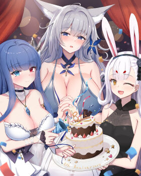 3girls ;d alternate_costume animal_ear_fluff animal_ears anniversary armlet azur_lane bare_shoulders black_dress black_flower blue_butterfly blue_collar blue_dress blue_eyes blue_gemstone blue_hair blue_string blush breasts bug butterfly butterfly_hair_ornament cake choker cleavage collar collarbone commentary_request dress evening_gown flower food fox_ears fox_girl gem gold_armlet grey_hair habu_rin hair_flower hair_ornament halter_dress halterneck heterochromia highres holding holding_cake holding_food horns huge_breasts ibuki_(azur_lane) ibuki_(snow_on_the_wind)_(azur_lane) insect kitsune lace lace_choker large_breasts layer_cake long_hair looking_at_viewer medium_breasts multiple_girls multiple_horns official_alternate_costume one_eye_closed open_mouth party_popper rabbit_ears red_eyes shimakaze_(azur_lane) shinano_(azur_lane) shinano_(dreams_of_the_hazy_moon)_(azur_lane) sleeveless sleeveless_dress smile strapless strapless_dress very_long_hair white_collar white_dress white_hair wrist_flower yellow_eyes