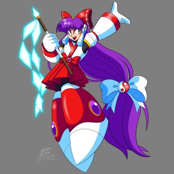 1girl android animemaster armor bow brown_eyes chest_jewel clenched_hand crossover dated detached_sleeves full_body gloves gohei grey_background hair_bow hair_tubes hakama hakama_pants hakurei_reimu hakurei_reimu_(pc-98) highres holding holding_gohei japanese_clothes jewelry long_hair long_sleeves mega_man_(classic) mega_man_(series) miko nontraditional_miko official_style open_mouth orb pants pleated_skirt purple_hair red_bow red_hakama red_skirt ribbon ribbon-trimmed_clothes ribbon_trim robot_girl signature simple_background skirt smile solo teeth touhou touhou_(pc-98) upper_teeth_only very_long_hair white_armor white_gloves wide_sleeves yin_yang yin_yang_orb