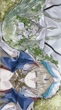 Rule 34 | 1boy, 1other, absurdres, arabian clothes, blonde hair, broken, chinese commentary, commentary request, day, earrings, enkidu (fate), eryi021, fate/grand order, fate (series), flower, gilgamesh, gilgamesh (caster) (fate), gilgamesh (fate), grass, green hair, head chain, highres, jewelry, long hair, lying, on back, outdoors, red eyes, robe, short hair, sideways, turban, white robe