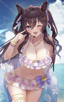 1girl absurdres animal_ears bikini blush breasts bright_pupils brown_hair cleavage commentary_request highres horse_ears horse_girl jewelry kaniitama looking_at_viewer medium_breasts mole mole_under_eye navel necklace official_alternate_costume official_alternate_hairstyle one_eye_closed open_mouth purple_eyes smile solo swimsuit textless_version umamusume vivlos_(eclat_d&#039;ete)_(umamusume) vivlos_(umamusume) white_pupils