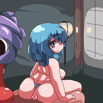 1boy 1girl animated animated_gif aoihitsuji blue_eyes blue_hair censored cum cum_in_ass dark_skin heart heart-shaped_pupils heart_censor hetero heterochromia pixel_art red_eyes reverse_cowgirl_position sex straddling symbol-shaped_pupils tagme tatara_kogasa touhou umbrella vaginal