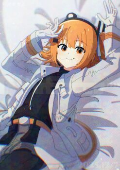 1girl a.i._voice absurdres adachi_rei belt black_pantyhose black_shirt commentary double-parted_bangs drawstring fin_gocco gloves grey_shorts hair_between_eyes hair_ribbon highres jacket lying medium_hair open_clothes open_jacket orange_belt orange_eyes orange_hair pantyhose radio_antenna ribbon shirt shorts smile symbol-only_commentary turtleneck turtleneck_shirt utau white_gloves white_jacket white_ribbon