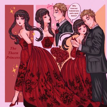 Rule 34 | 1boy, 1girl, black hair, blonde hair, blunt bangs, blush, bow, bowtie, closed eyes, commentary, dress, elbow gloves, english commentary, english text, eyelashes, eyeshadow, flower, gloves, high heels, highres, holding hands, long dress, makeup, multiple views, red dress, red flower, red gloves, rose gardenluv, sidelocks, sleeveless, sleeveless dress, smile, sparkle, spy x family, twilight (spy x family), undercut, yor briar