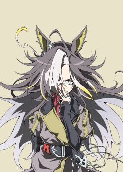 1girl adjusting_eyewear ahoge animal_ears belt black_belt black_hair black_necktie blue_eyes brown_hair collared_shirt commentary dream_journey_(reminder_of_dreamland)_(umamusume) dream_journey_(umamusume) eyewear_strap glasses grey_hair grey_jacket hair_between_eyes hair_ornament highres horse_ears horse_girl jacket jewelry long_hair long_sleeves looking_at_viewer multicolored_hair necktie red_shirt ring shirt simple_background solo umamusume upper_body white_hair yellow_background zukki_(bijitaru)