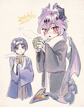 2026 2boys ahoge alternate_costume black_hair black_hakama black_haori black_pants black_sleeves black_tail blue_kimono blunt_ends blush bright_pupils closed_mouth commentary_request cropped_torso crossed_bangs cup diamond-shaped_pupils diamond_(shape) dragon_boy dragon_horns dragon_tail dragon_wings durin_(genshin_impact) eyeliner eyeshadow genshin_impact gloves hair_between_eyes hakama hakama_pants hand_up hands_up haori heart heart_tail highres holding holding_cup horns japanese_clothes juban kimono long_sleeves looking_at_viewer makeup multiple_boys open_mouth pants purple_eyes purple_hair purple_haori purple_horns purple_pupils purple_sleeves purple_wings raised_eyebrow red_eyeliner red_eyes red_eyeshadow scaramouche_(genshin_impact) scarf steam symbol-shaped_pupils tail ukata wanderer_(genshin_impact) white_background white_gloves white_kimono white_pupils white_scarf wings yunomi
