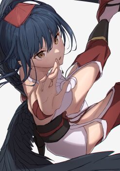 1girl absurdres backless_kimono black_hair black_sash black_wings bridal_gauntlets brown_eyes clothing_cutout commentary_request double_bun feathered_wings flying geta grey_background hair_bun hakama hakama_pants hat highres hip_vent japanese_clothes kaekae_kaeru kimono kyahan looking_at_viewer medium_hair nijisanji obi obijime pants pom_pom_(clothes) reaching reaching_towards_viewer red_bridal_gauntlets red_hakama red_hat red_sandals sandals sash short_kimono side_up_bun simple_background sleeveless sleeveless_kimono slit_pupils socks solo tabi tengu tengu-geta tokin_hat twintails v-shaped_eyebrows virtual_youtuber white_kimono white_socks wings wispy_bangs yamagami_karuta yamagami_karuta_(1st_costume)