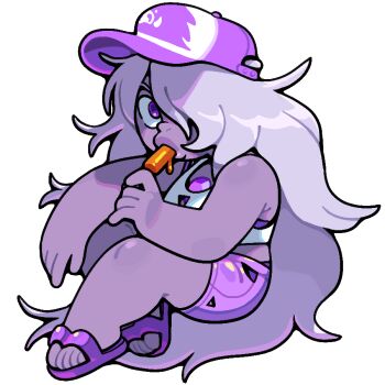 1girl amethyst_(steven_universe) chest_jewel colored_skin deformed discount-supervillain eating flip-flops food food_in_mouth gem grey_hair hair_over_one_eye hat holding holding_food holding_popsicle long_hair melting_popsicle popsicle popsicle_in_mouth purple_skin sandals steven_universe thick_lips