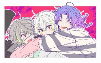 Rule 34 | 18trip, 3boys, :d, ^ ^, ahoge, anger vein, arms around neck, black jacket, blush, border, braid, brothers, brown eyes, closed eyes, closed mouth, collared shirt, covering own mouth, earrings, eyepatch, fangs, gradient hair, green streaks, grey hair, hair between eyes, hair intakes, hand over own mouth, heads together, highres, hug, hug from behind, jacket, jacket on shoulders, jewelry, layered sleeves, long sleeves, looking at another, looking at viewer, medium hair, multicolored hair, multiple boys, one eye covered, open mouth, outline, outside border, parted bangs, purple hair, shiramitsu ryui, shiramitsu toi, shirt, short hair, short over long sleeves, short sleeves, siblings, simple background, smile, splatter background, streaked hair, striped clothes, surprised, twin braids, upper body, white border, white hair, wide-eyed, yowa netaro