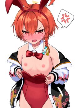 1girl ahoge anger_vein animal_ear_hairband animal_ears bare_shoulders black_halo black_jacket blue_archive blush bow bowtie braid collar commentary_request cowboy_shot detached_collar embarrassed fake_animal_ears flat_chest floral_print furrowed_brow hairband half-closed_eyes halo highleg highleg_leotard highres huge_ahoge jacket leotard leotard_pull letterman_jacket loli long_sleeves looking_at_viewer loose_bowtie mole mole_under_eye multicolored_jacket neru_(blue_archive) neru_(bunny)_(blue_archive) nipples nose_blush off_shoulder open_clothes open_jacket open_mouth orange_eyes orange_hair playboy_bunny print_jacket pulling_own_clothes rabbit_ears red_bow red_bowtie red_hairband red_leotard s_ibane short_hair side_braid simple_background single_braid solo spoken_anger_vein standing strapless strapless_leotard sweatdrop wavy_mouth white_background white_collar