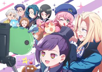 4girls 6+boys :d absurdres acro_trip aqua_hair ascot bandage_on_face bandages berry_blossom black_hair black_hat blonde_hair camera chroma_(acro_trip) closed_eyes date_chizuko date_suikyou diamond-shaped_pupils diamond_(shape) everyone faceless faceless_male facing_viewer glasses grey_hair hair_over_one_eye hand_up hat highres holding holding_sign kokoa_(acro_trip) kuma_kaijin long_hair magical_girl mascot mashirou mini_hat multiple_boys multiple_girls omizo_barataka open_mouth pink_hair police_hat purple_hair rio_beginner selfie_stick sign smile symbol-shaped_pupils taking_picture triangle-shaped_pupils tsuki_(acro_trip) v whistle white_ascot yogo_masamune