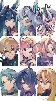 4boys 5girls aalto_(wuthering_waves) acheron_(honkai:_star_rail) ahoge animal_ears arknights black_choker black_collar black_eyes black_flower black_gloves blake_bloom_(wuthering_waves) blaze_(arknights) blonde_hair blue_eyes camellya_(wuthering_waves) cartethyia_(wuthering_waves) choker closed_mouth collar commentary crown_of_thorns earrings english_commentary flower genshin_impact gloves gold_earrings green_eyes grey_hair hair_between_eyes hair_flower hair_ornament hair_over_one_eye hand_up heterochromia highres honkai:_star_rail honkai_(series) hugo_vlad jewelry kamui_(pgr) looking_at_viewer luocha_(honkai:_star_rail) mio_chan07 multicolored_hair multiple_boys multiple_drawing_challenge multiple_girls open_mouth parted_bangs pink_eyes pointy_ears punishing:_gray_raven purple_eyes purple_hair red_eyes red_pupils short_hair sidelocks sideways_glance skirk_(genshin_impact) smile streaked_hair tacet_mark_(wuthering_waves) v white_collar white_hair wuthering_waves yellow_eyes zenless_zone_zero