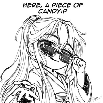 Rule 34 | 1boy, absurdres, adjusting eyewear, candy, catphine, chibi, chibi only, english text, food, head tilt, high ponytail, highres, incoming gift, lollipop in mouth, long sidelocks, looking at viewer, male focus, ponytail, robe, rope belt, shadow slave, sidelocks, solo, sunglasses, sunny (shadow slave), upper body