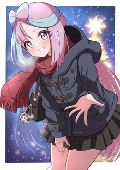1girl absurdres alternate_costume alternate_hairstyle bag bag_charm black_skirt blue_coat blue_hair blush bow-shaped_hair charm_(object) coat commentary_request grin handbag highres hood hooded_coat iono_(pokemon) long_hair long_sleeves looking_at_viewer multicolored_hair nintendo open_mouth pink_hair pleated_skirt pokemon pokemon_sv reaching reaching_towards_viewer red_scarf rono_(lethys) scarf skirt smile solo teeth two-tone_hair winter_clothes winter_coat