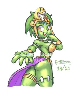 2021 absurdres armor ass bikini_armor breasts colored_skin commentary cowboy_shot dancer dated dry3sman english_commentary forehead_jewel foreshortening green_hair green_skin hair_ornament highres jewelry neck_ring official_alternate_costume open_hand orange_eyes pelvic_curtain reaching reaching_towards_viewer rottytops shantae_(series) shantae_and_the_pirate's_curse short_hair sideboob simple_background snake_hair_ornament thighs watermark white_background zombie zombie_girl
