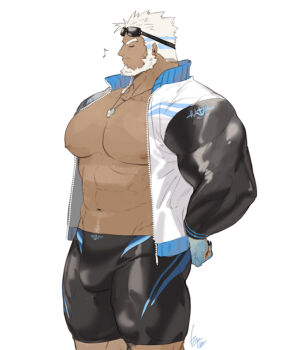 Rule 34 | 1boy, abs, aegir (housamo), alternate costume, aqua hair, bara, bare pectorals, beard, black jammers, black male swimwear, bulge, closed eyes, dark-skinned male, dark skin, facial hair, feet out of frame, fins, from side, goggles, goggles on head, gomtang, jammers, large pectorals, lifeguard, male focus, male swimwear, mature male, multicolored hair, muscular, muscular male, navel, navel hair, nipples, pectorals, profile, short hair, skin tight, solo, stomach, streaked hair, swimsuit, thick thighs, thighs, tokyo houkago summoners, whistle, whistle around neck, white hair