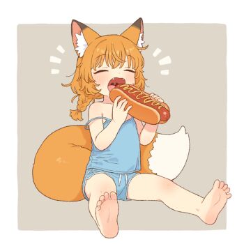1girl animal_ear_fluff animal_ears barefoot braid closed_eyes commentary_request eating fangs feet food fox_ears fox_girl fox_tail onyhakase open_mouth original shorts sitting soles solo tail toes