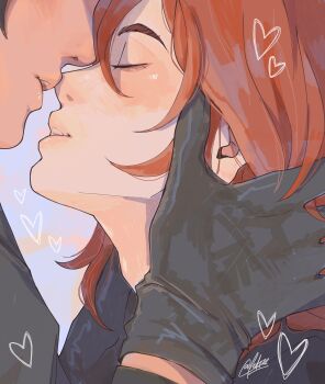 2boys adam&#039;s_apple angel_devil_(chainsaw_man) black_gloves black_hair blush chainsaw_man closed_eyes commentary english_commentary fedzz_z from_side gloves hair_between_eyes hand_on_another&#039;s_neck hayakawa_aki heart highres imminent_kiss lips long_hair male_focus mismatched_eyebrows multiple_boys nose short_hair teeth twitter_username yaoi