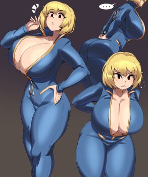 1girl absurdres arm_up arms_behind_back ass black_eyes blonde_hair blue_bodysuit bodysuit breasts captain_kirb center_opening cleavage collarbone collared_bodysuit commentary commission cowboy_shot english_commentary fallout fallout_4 from_side gradient_background grey_background hand_on_own_hip highres holding huge_breasts leaning_forward long_sleeves looking_at_viewer multiple_views no_bra no_sclera notice_lines open_bodysuit open_clothes parted_lips short_hair standing straight-on thighs vault_girl vault_suit