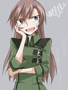 1girl annoyed ars brown_eyes brown_hair coach_trainer_(pokemon) coat commentary_request elbow_rest facing_viewer furrowed_brow green_coat grey_background hand_in_own_hair hand_on_own_cheek hand_on_own_elbow hand_on_own_face high_collar highres long_hair looking_to_the_side military_coat nintendo open_mouth parted_bangs pokemon pokemon_lgpe sleeves_rolled_up smile solo squiggle sweatdrop upper_body