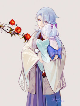 1boy 1girl aged_down asymmetrical_hair ayaka_(genshin_impact) back_bow black_kimono blue_bow blue_eyes blue_hair blue_hakama blue_kimono blunt_ends blunt_tresses bow branch brother_and_sister brown_background camellia carrying carrying_person child_carry commentary curtained_hair dated flower genshin_impact hair_between_eyes hair_over_shoulder hair_ribbon hakama haori high_ponytail highres japanese_clothes kamisato_ayato kamisato_clan_(emblem) kimono leaf long_sleeves looking_at_another looking_at_object medium_hair mole mole_under_mouth parted_bangs parted_lips ponytail purple_eyes purple_ribbon red_flower ribbon rokuon siblings simple_background sleeves_past_fingers sleeves_past_wrists smile standing twitter_username white_hair white_haori wide_sleeves