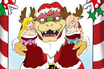 1boy 2girls bdsm blonde_hair blue_eyes bondage bound bowser breasts candy candy_cane christmas claws cleavage crown dress evil_grin evil_smile fake_beard fake_facial_hair food gag grin hair_over_one_eye holding horns improvised_gag looking_at_another looking_at_viewer mario_(series) multiple_girls nintendo piranha_plant princess_peach red_hair rosalina santa_costume santa_dress smile tape tape_gag tied_up_(nonsexual) witch