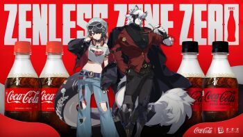 belt bottle coca-cola collar denim ellen_joe eyepatch familymart furry headphones highres jacket jeans logo midriff official_art pants promotional_art shirt sunglasses tail torn_clothes torn_jeans torn_pants torn_shirt von_lycaon zenless_zone_zero