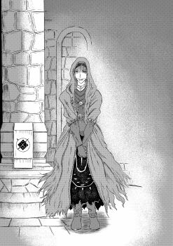 1girl 913kousatu absurdres boots closed_mouth dark_souls_(series) dark_souls_ii full_body greyscale highres hood hood_up in-universe_location indoors jewelry licia_of_lindelt looking_at_viewer monochrome necklace rope shaded_face short_hair smile solo standing