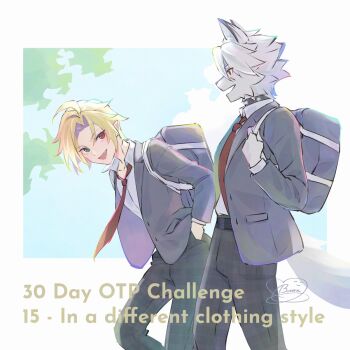 2boys alternate_costume animal_ears bag black_pants blonde_hair blue_jacket blue_sky body_fur buon_zzz collar colored_tips commentary cowboy_shot english_commentary english_text fang furry furry_male green_eyes hand_in_pocket heterochromia highres hugo_vlad jacket leaning_forward looking_at_another male_focus mole mole_under_eye multicolored_hair multiple_boys necktie open_mouth outdoors pants pointy_ears red_eyes red_necktie school_bag school_uniform shirt shirt_tucked_in signature sky spiked_collar spikes tail von_lycaon white_fur white_shirt wolf_boy wolf_ears wolf_tail zenless_zone_zero