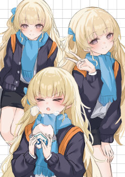 Rule 34 | 1girl, backpack, bag, black jacket, black skirt, blonde hair, blue ribbon, blue scarf, blush, breath, closed eyes, closed mouth, commentary request, grid background, gs25, hair ribbon, hand up, highres, jacket, kuramoto beta-carotene, long hair, multiple views, official alternate costume, open mouth, orange bag, phoebe (wuthering waves), ribbon, scarf, skirt, smile, v, white background, wuthering waves