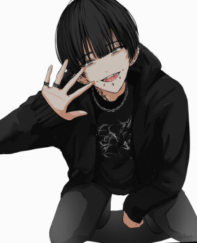 1boy :d black_hair black_hoodie black_pants black_shirt blunt_bangs commentary english_commentary grey_eyes highres hood hoodie jewelry looking_at_viewer male_focus multiple_rings niwa281610 open_mouth original pants piercing ring shirt simple_background smile solo tattoo teeth tongue white_background