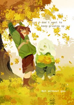 1boy 1other adoptive_siblings animal_ears arms_up asriel_dreemurr brown_hair brown_shorts chara_(undertale) commentary english_commentary english_text fangs flower furry furry_male goat_boy goat_ears green_sweater highres open_mouth shorts single_horizontal_stripe skin_fangs smile striped_clothes striped_sweater sweater tree ttasarayu undertale utdr_(toby_fox) yellow_flower