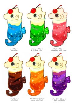 cherry cola commentary drink english_commentary food food_focus food_name fruit grape_soda highres ice_cream ice_cream_float melon_soda no_humans okashitofushigi orange_soda original white_background
