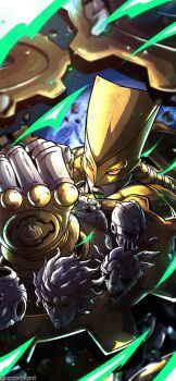 6+others absurdres armor colored_skin commentary english_commentary fingerless_gloves gears gloves grey_skin helmet hierophant_green highres jojo_no_kimyou_na_bouken long_hair looking_at_viewer magician&#039;s_red messy_hair multiple_others no_humans noonvincent orange_eyes other_focus robot silver_chariot stand_(jojo) star_platinum stardust_crusaders statue the_fool_(stand) the_world tube yellow_armor yellow_gloves yellow_helmet