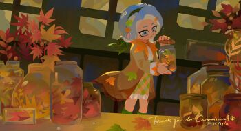 Rule 34 | 1girl, autumn leaves, blue eyes, blue hair, brown coat, coat, cobii illu, commentary, commission, dated, eyelashes, hairband, highres, indoors, jar, leaf, nintendo, octoling, octoling girl, octoling player character, solo, splatoon (series), standing, symbol-only commentary, tentacle hair, thank you, window