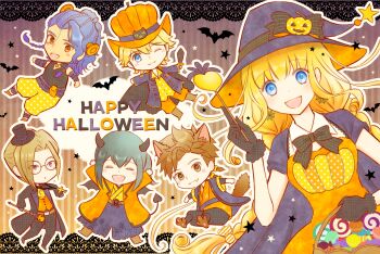 1girl 5boys :3 :d :o adapted_costume animal_ears arm_wrap arms_up ascot azu_rin_go basket bat_(animal) belt black_bow black_bowtie black_cape black_cat black_coat black_gloves black_hat black_pants black_tunic blonde_hair blue_coat blue_eyes blue_hair blue_hakama blue_haori blush_stickers bokujou_monogatari bokujou_monogatari:_mittsu_no_sato_no_taisetsuna_tomodachi bone_hair_ornament boots border bow bowtie braid brown_belt brown_boots brown_eyes brown_hair bug candy candy_hair_ornament cape cat chibi clenched_hands closed_eyes cloud coat collared_dress collared_shirt cornrows cosplay cross cross_necklace curly_sidelocks curtained_hair dark-skinned_male dark_skin demon_costume demon_horns demon_tail double-parted_bangs dress fang flipped_hair food food-themed_hair_ornament ford_(bokujou_monogatari) frankenstein&#039;s_monster frankenstein&#039;s_monster_(cosplay) glasses gloves gradient_background green_hair grey_gloves hair_between_eyes hair_bun hair_ornament hakama half_updo halloween halloween_costume haori happy_halloween harem_pants hat hat_bow hat_ornament highres hinata_(bokujou_monogatari) holding holding_basket holding_staff holding_sword holding_wand holding_weapon horns jack-o&#039;-lantern_hat_ornament japanese_clothes jewelry jinbei_(clothes) kimono knee_boots lace lace_border lollipop long_hair long_sleeves looking_at_viewer low_twin_braids ludus_(bokujou_monogatari) mini_hat mini_top_hat multiple_boys nanami_(bokujou_monogatari) necklace obi one_eye_closed open_mouth orange_background orange_dress orange_eyes orange_haori orange_hat orange_pants orange_vest ornate_border outline outside_border outstretched_arms pants paw_shoes pirate_costume ponytail purple_background purple_eyes rattail round_eyewear sash shirt short_hair short_sleeves side_braids side_part sidelocks single_hair_bun skull sleeveless_tunic smile spider spider_web_earrings spider_web_print spiked_hair staff star_(symbol) star_hat_ornament star_print stitched_face stitches striped_background striped_bow striped_bowtie striped_clothes swirl_lollipop sword tail thick_eyebrows top_hat tunic turnip twin_braids very_long_hair vest wand wayne_(bokujou_monogatari) weapon werewolf_costume white_outline wide_sleeves wing_collar witch witch_hat wolf_ears wolf_paws wolf_tail wrapped_candy yellow_ascot yellow_kimono yellow_pants yellow_shirt yuzuki_(bokujou_monogatari)