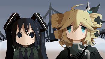 2girls absurdres ahoge black_eyes black_hair blonde_hair blue_eyes chito_(shoujo_shuumatsu_ryokou) coat commentary cosplay drill_hair green_coat hair_between_eyes hair_ornament hatsune_miku hatsune_miku_(cosplay) highres kasane_teto kasane_teto_(cosplay) looking_at_viewer military_uniform multiple_girls no_nose portrait santssart shadow shoujo_shuumatsu_ryokou smile tareme twin_drills twintails utau vocaloid winter x_hair_ornament yuuri_(shoujo_shuumatsu_ryokou)