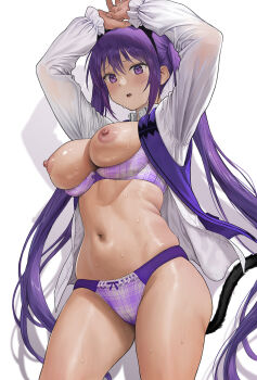 1girl animal_ears arms_up bra bra_pull breasts cat_ears cat_tail clothes_pull collared_shirt fake_animal_ears fake_tail gochuumon_wa_usagi_desu_ka? hair_between_eyes highres jeneral large_breasts long_hair long_sleeves looking_at_viewer navel nipples open_clothes open_mouth open_shirt panties purple_bra purple_eyes purple_hair purple_panties shirt sidelocks solo stomach sweat tail tedeza_rize twintails underwear very_long_hair white_background white_shirt
