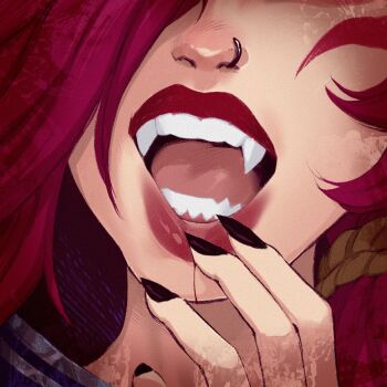 1girl :d black_nails blood face_piercing fangs finger_in_own_mouth green_(greeniris) hand_up highres league_of_legends long_hair nail_polish nose_piercing open_mouth piercing red_hair smile solo teeth tongue xayah