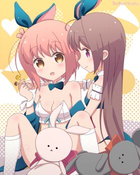 Rule 34 | 2girls, animal costume, blue bow, bow, breasts, brown eyes, brown hair, candy, cheering, cherrinako, food, ichinose hana, long hair, looking at viewer, medium breasts, medium hair, momochi tamate, multiple girls, open mouth, pink hair, purple eyes, rabbit costume, slow start, thighhighs, toy, white thighhighs, yuri